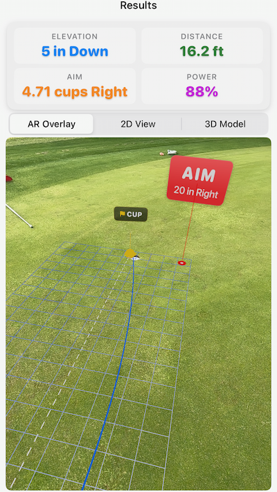 ProSide AR view showing green break visualization with contour lines and aim point