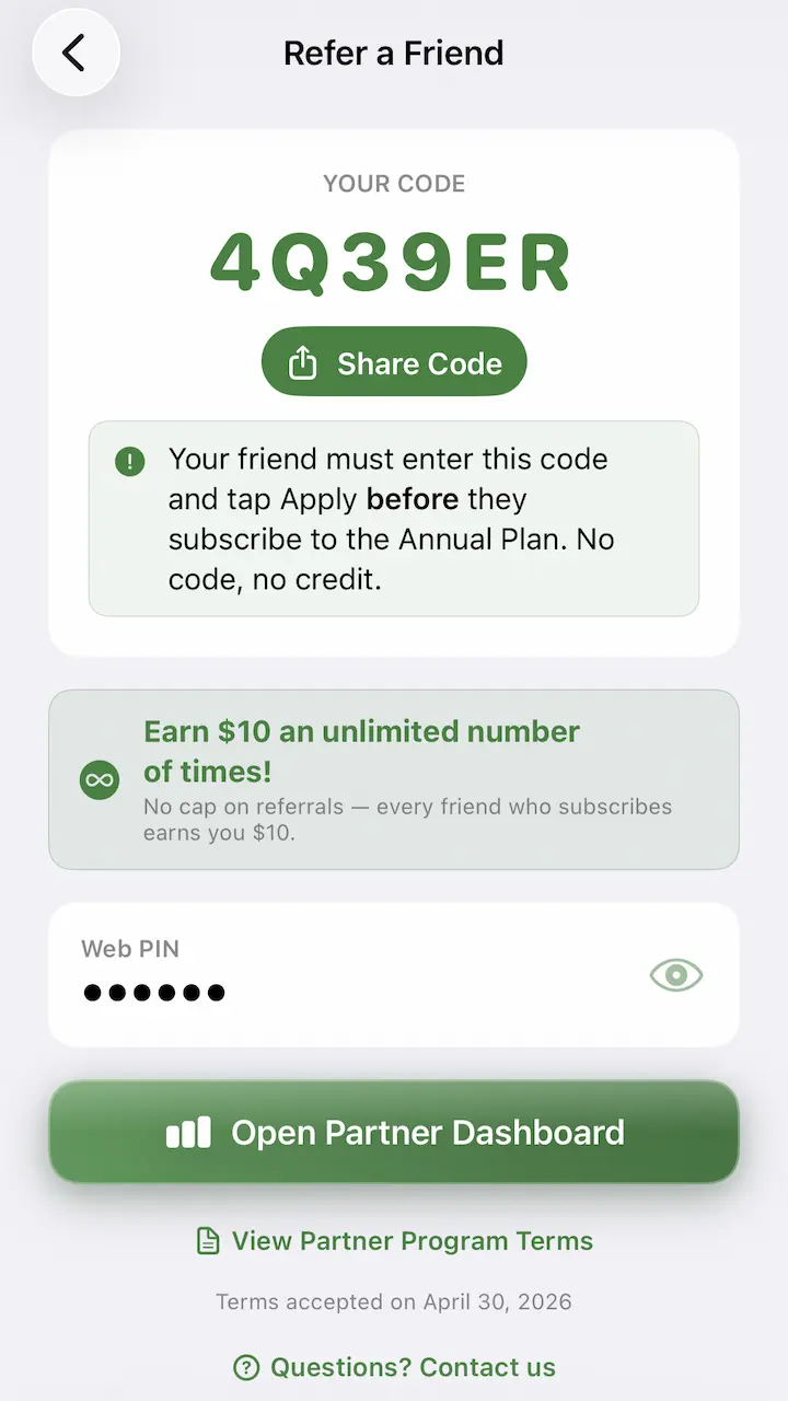 ProSide app showing the Partner Program screen with a 6-digit referral code